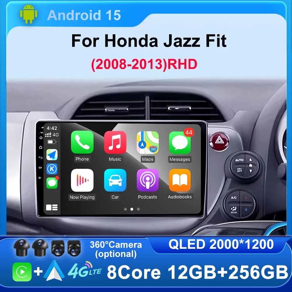 Car Radio Android15 for Honda Jazz Fit 2008-2013 RHD Stereo GPS Navigation Multimedia Video Player Carplay Auto 4G BT Head Unit