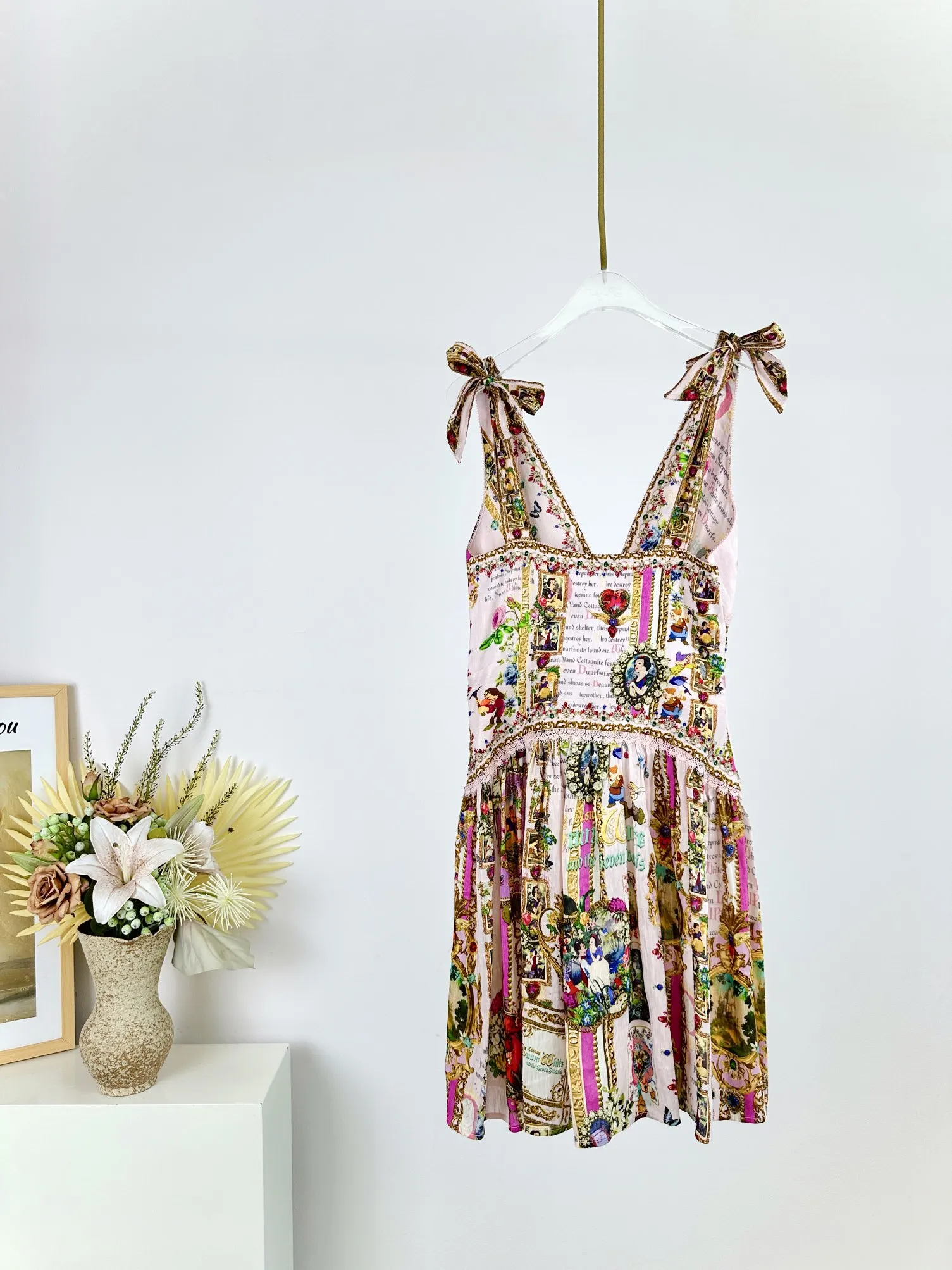 Women Lace-up Strap Flower Printed V-Neck Beaded Slim Waist Silk Linen Mini Dress