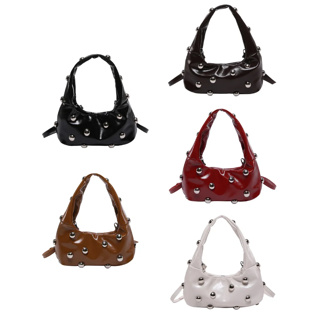

Women PU Rivet Shoulder Bag Stylish Crossbody Bag Solid Color Trendy Underarm Bag Adjustable Strap Cool Sling Bag Chic Hobo Bag