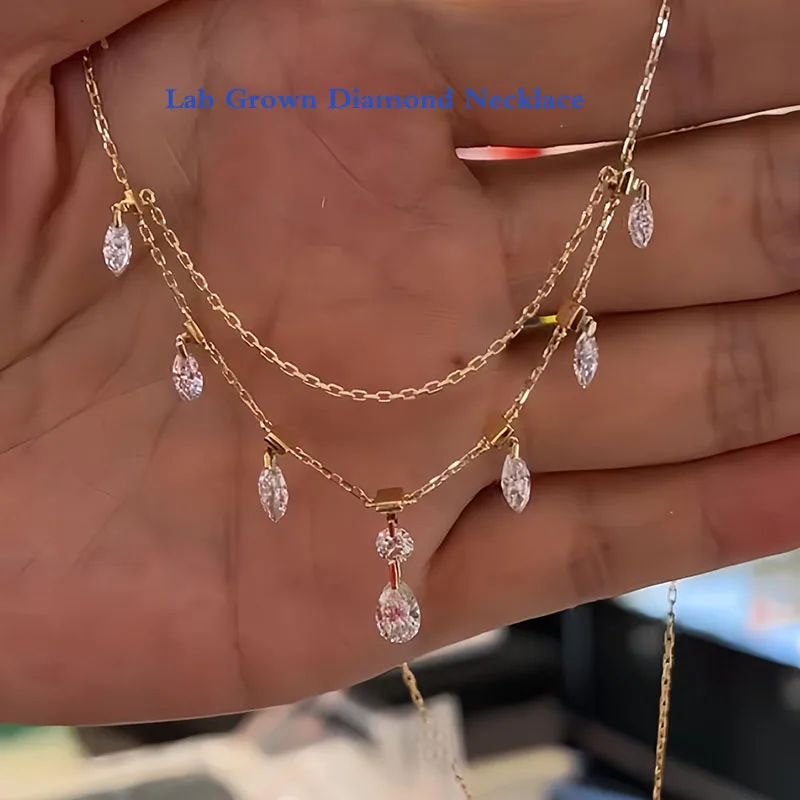 Double Linked Floating Diamonds Necklace 2CT Pear Cut & Marquise & Round Cut Lab Grown Diamond 14k Gold Pendant Gift For Her