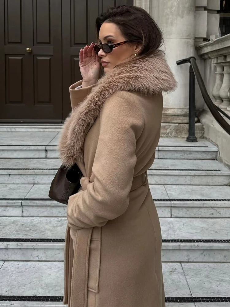 HH Women Autumn Winter New Large Wool Collar Long Woolen Coat Jacket Female Double Pocket Lace-up Casual Temperament Outwear