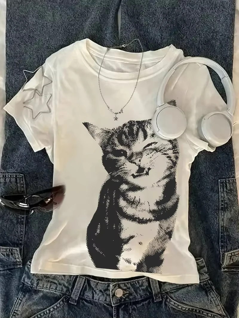 

Cat Print Women's High Street Loose T-shirt Enthusiasts' Commemorative Print T-shirt for Daily Street Wear