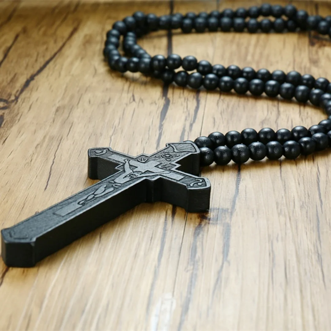 Rosary Necklace Large Wood Jesus Christ Cross Pendant With Wooden Beads Sweater Chain Jewelry Dad  Boyfriend Valentine's Gift - view 5