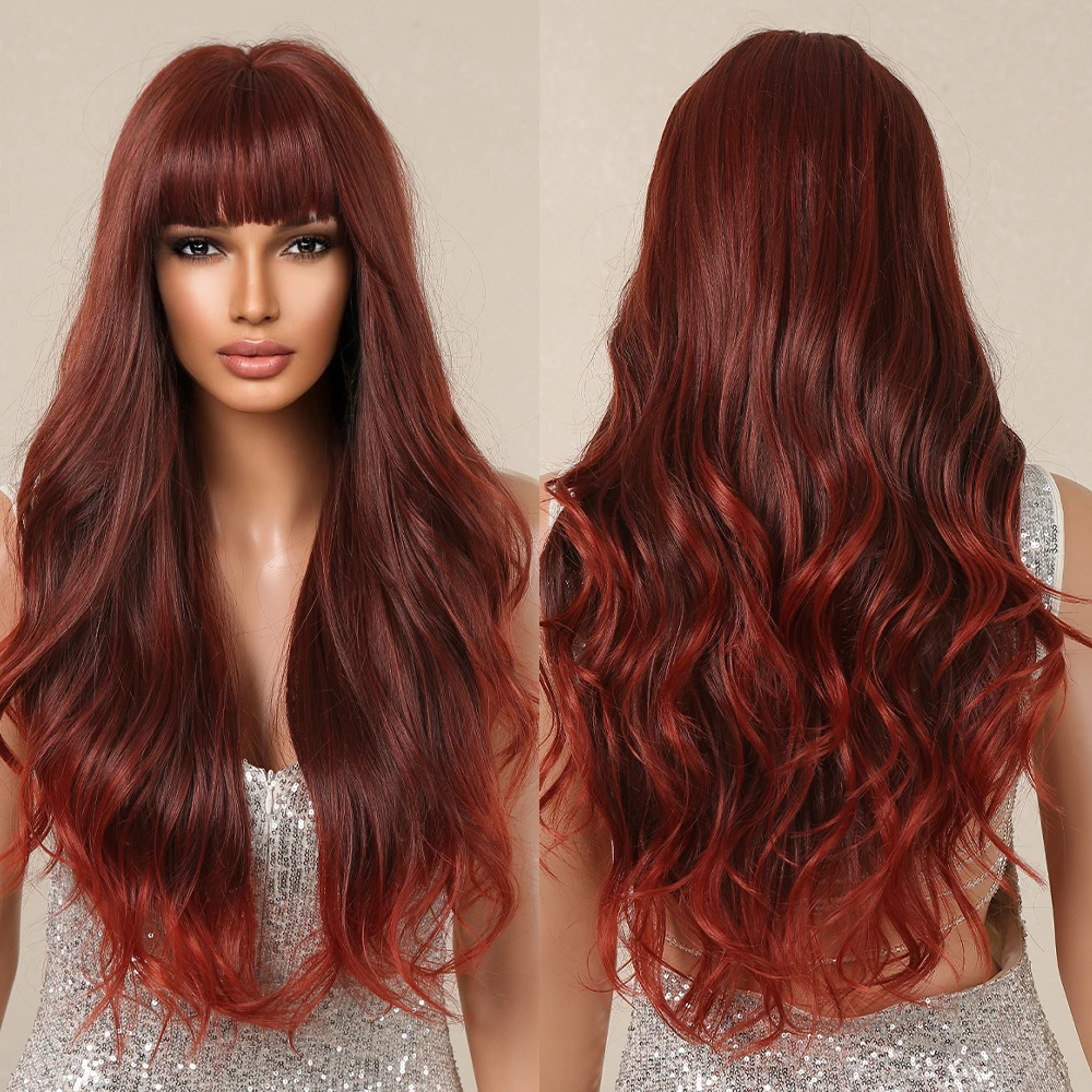 Red Ombre Wavy Synthetic Hair Wigs with Bangs Long Body Wavy Wig for Women Party Lolita Cosplay Colored Fake Hair Heat Resistant