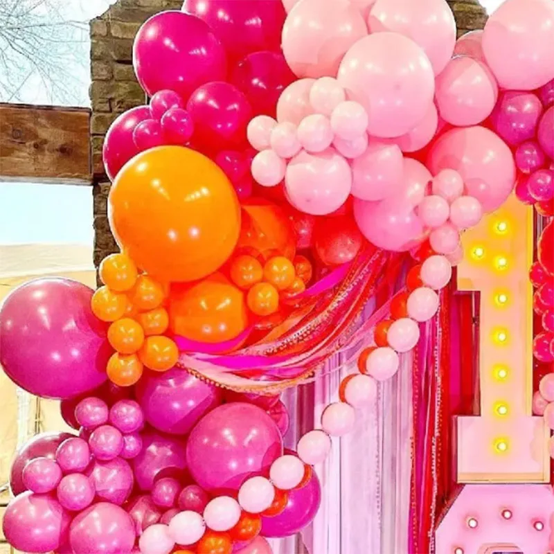 طقم قوس بالونات لاتكس وردي وبرتقالي مكون من 123 قطعة - زينة حفلات بألوان الباستيل لعيد الميلاد وحفلات استقبال المولود الجديد وحفلات الزفاف وحفلات الزفاف