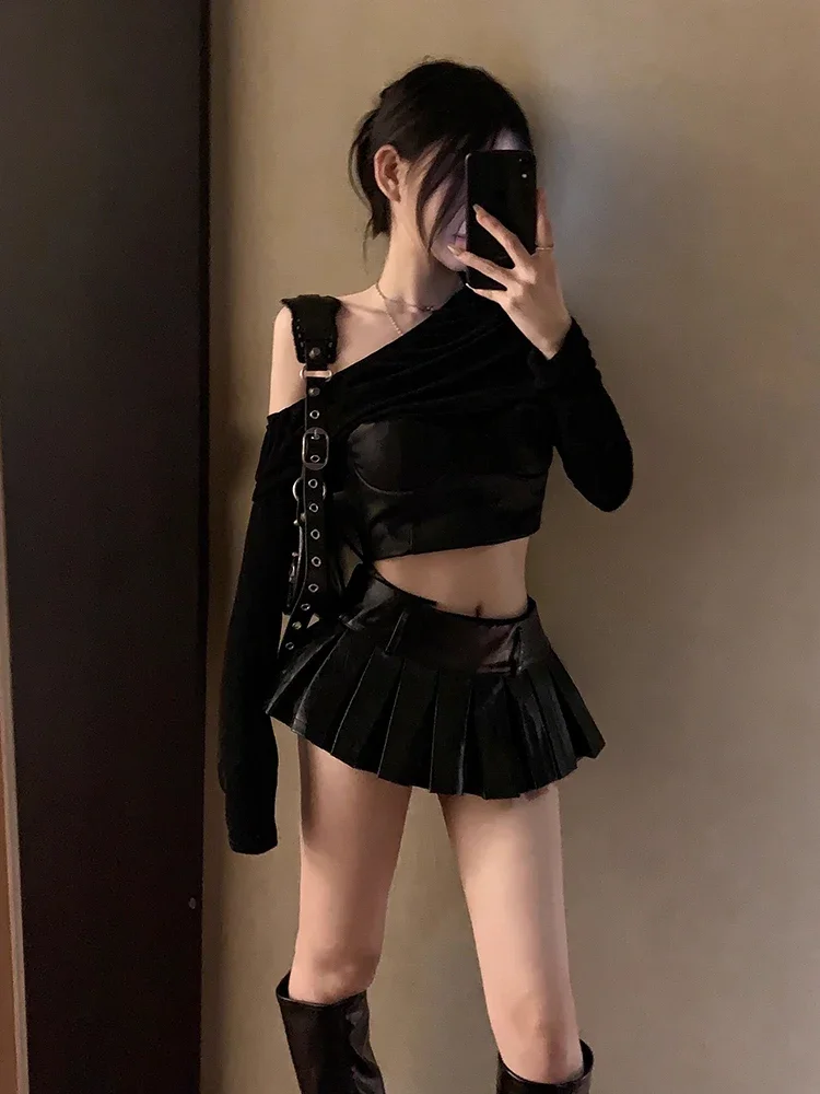 IMU Steampunk Retro Black Leather Mini Skirt Women Lined Solid Casual High Rise A-line Pleated Skirt Y2k Grunge Streetwear