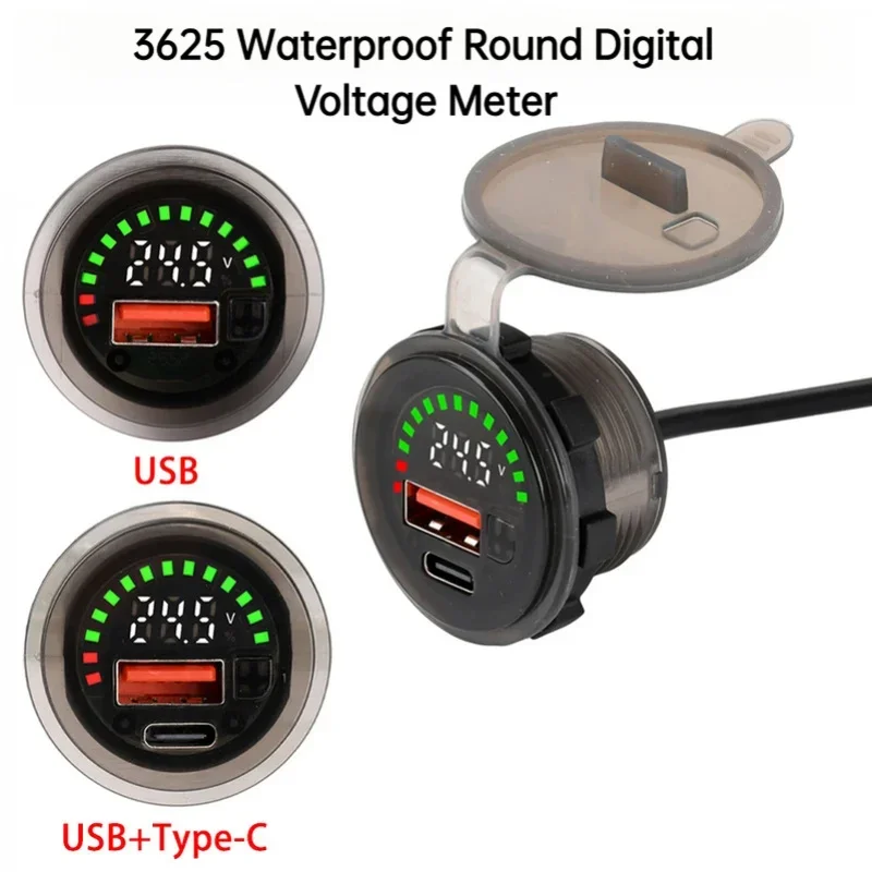3625 Waterproof Round Digital Voltage Meter Battery Level Indicator DC 7-30V USB+Type-C Reverse Protection Low Voltage Alarm