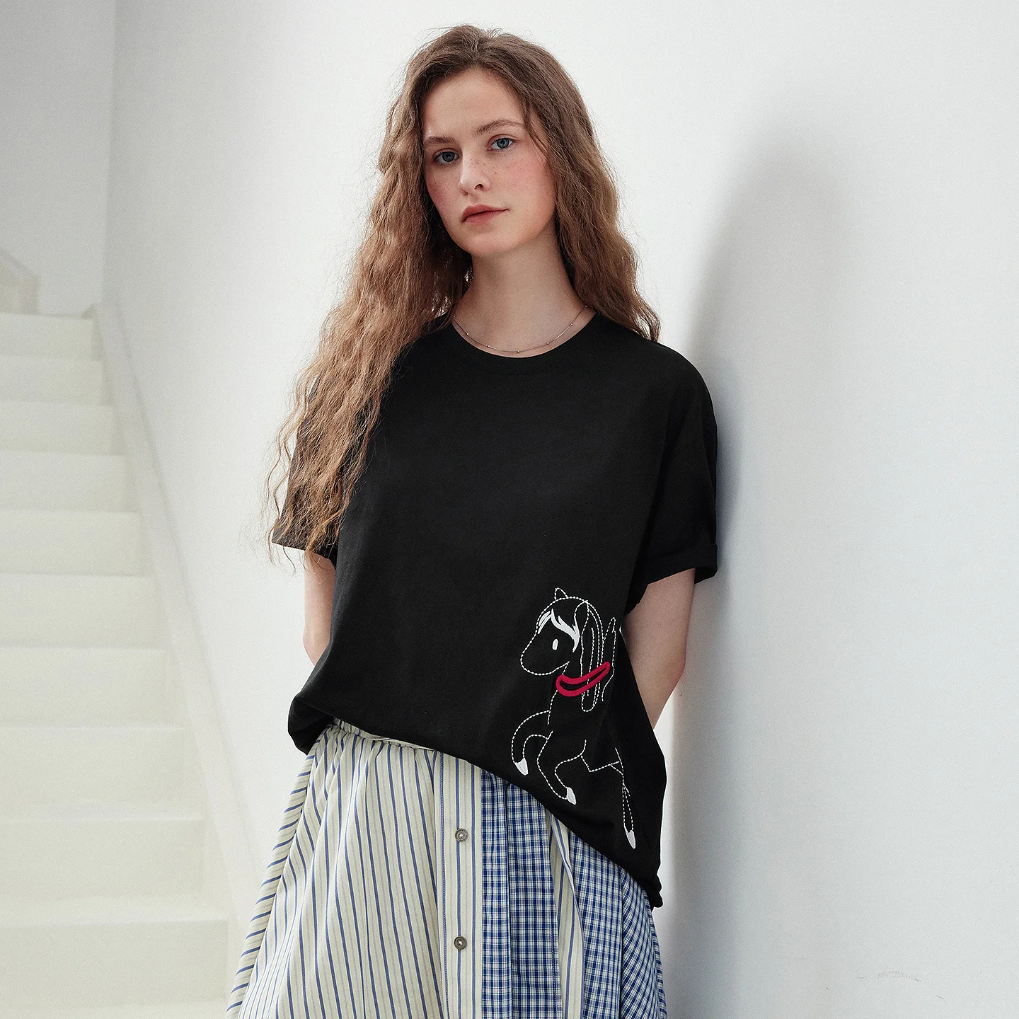 TOYOUTH Women T-Shirt 2026 Summer New Pegasus Embroidery Loose Drop Shoulder Casual Cotton Tops