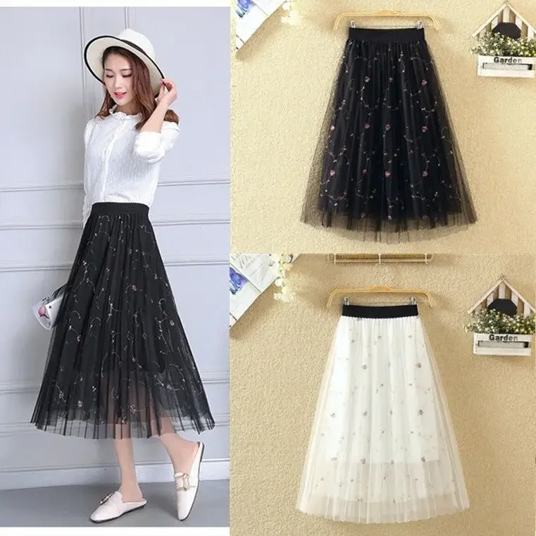 Pleated Tulle Skirt Long High-Waisted Embroidered A-line Bubble Skirt Expansion Woman Skirts Mujer Faldas Saias Mulher