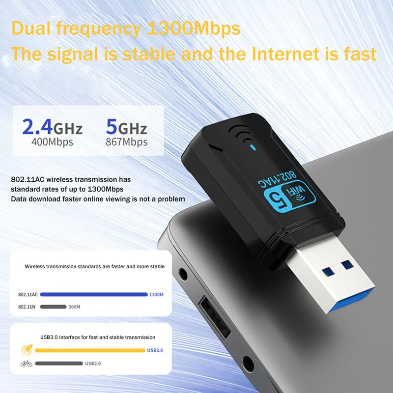 1300Mbps Wifi Adapter USB Wireless Network Card Dual Band 2.4Ghz 5Ghz USB3.0 WIFI Adapter For Desktop Laptop