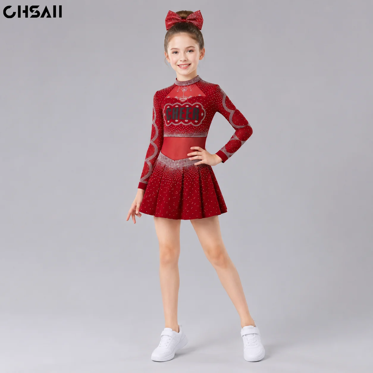 Girls Red Rhinestone Cheerleading Dress Long Sleeve Mesh Pleated Skirt Kids Competition Dance Performance Costume Uniform Outfit