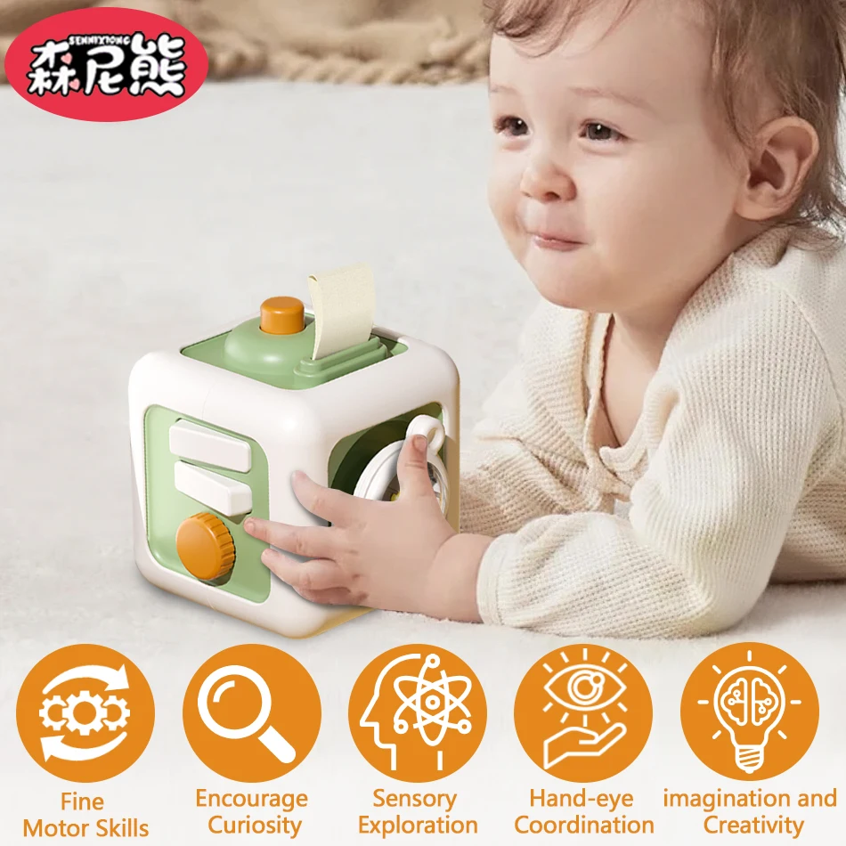 SENNIXIONG 6in1 مونتيسوري النشاط الحسي مكعب مشغول مجلس ممارسة مهارة التعلم الرضع التعليم المبكر لعبة للأطفال هدية
