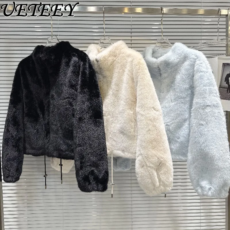 

Новое зимнее милое однотонное короткое плюшевое пальто для девочек, универсальная теплая куртка на молнии из искусственного меха с воротником-стойкой для женщин