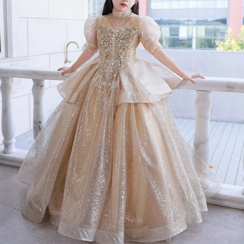 Customized Luxury Shinny Beading Design Flower Girl Dresses For Weddings O-neck Stand Collar Girls Birthday Dress 2024 Tiered Pr