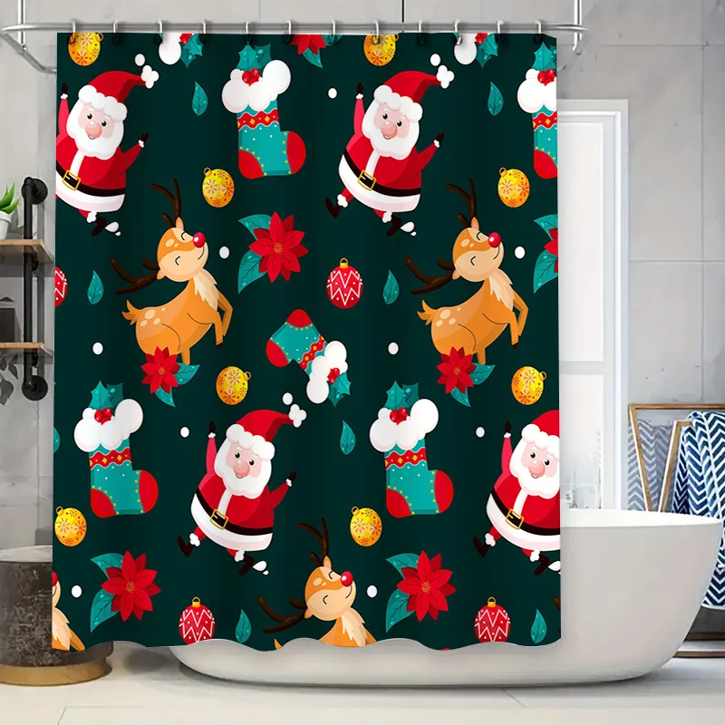 

Рождественский комплект занавесок для душа, олень и Санта-Клаус, украшенный водонепроницаемым льняным принтом для ванной комнаты, праздничное украшение для дома для Merr