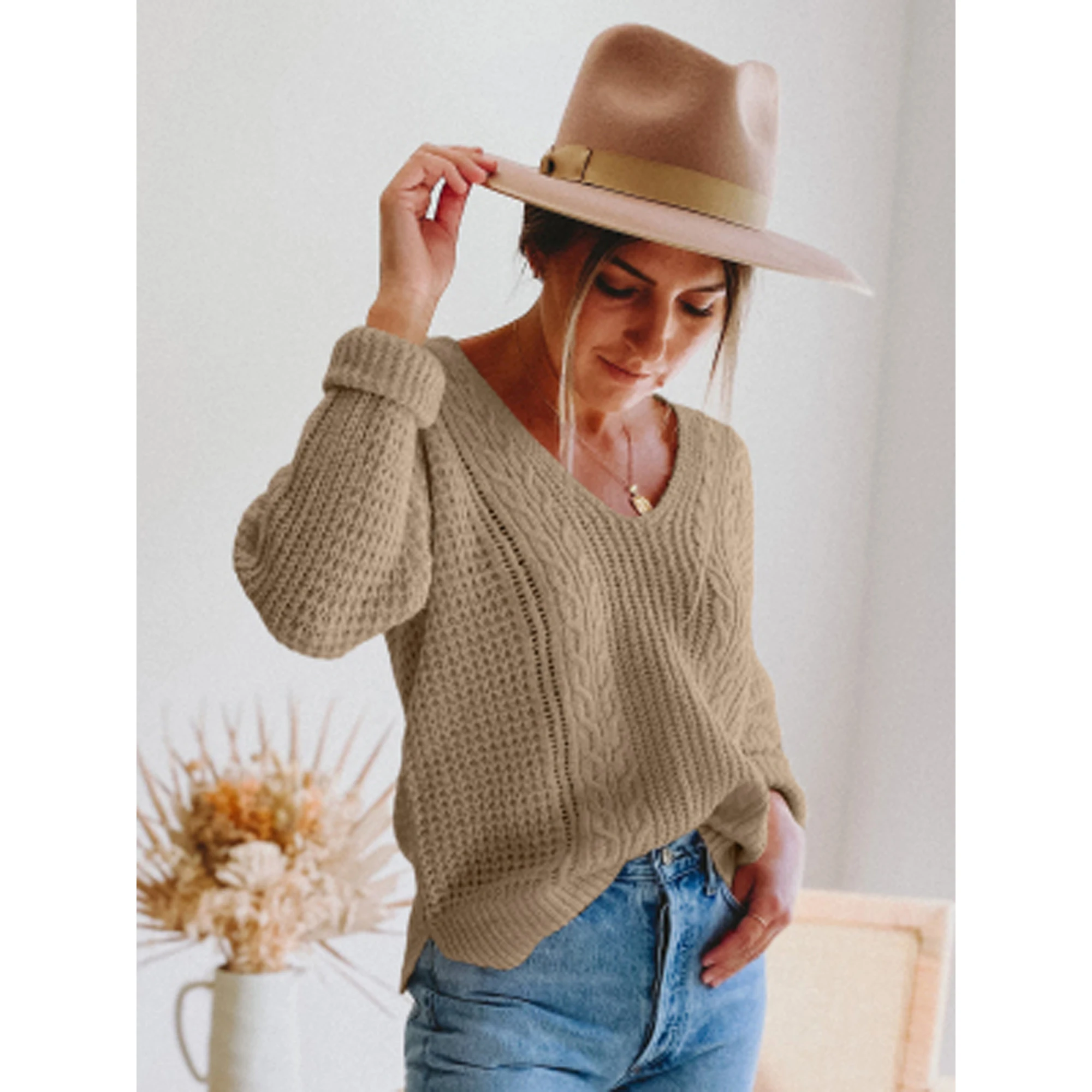 Autumn Winter V-neck Women Knitted Pullover Elegant Sweet Knitting Hollow Out Top Women Solid Casual Sweater Jumper Knitwear