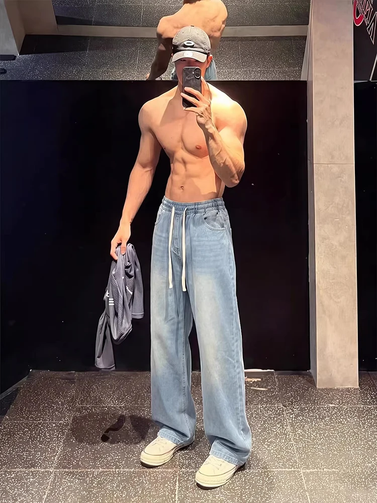 Cleanfit Blue Ice Silk Men's Skinny Straight Leg Jeans Drapey Thin American High Street Style Casual Comfortable Summer Jeans