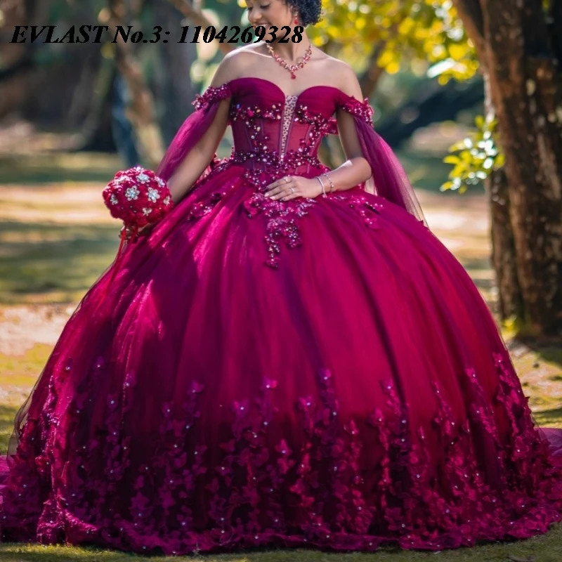 

EVLAST индивидуальное бордовое платье Quinceanera, бальное платье с цветочной аппликацией и бисером, накидка, корсет Sweet 16, Vestidos De 15 Anos E3Q703