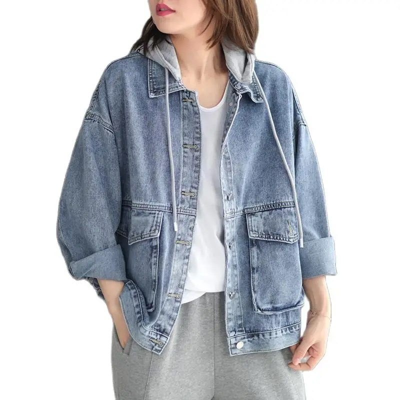 

Spring Autumn New Women Loose Short Denim Jacket Korean Hooded Coat BF All-Match Stitching Buttons Denim Wear JJ169