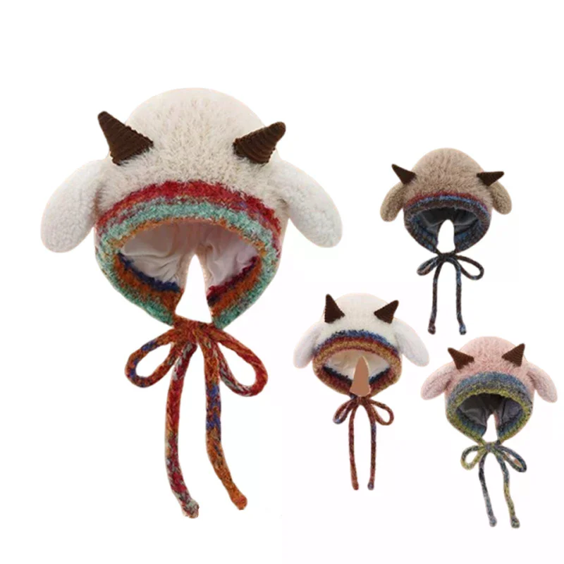 Cute Thick Plush Knitted Hat Girls Winter Warm Ear Protection Beanies Hat Women Comfortable Horn Pullover Hats