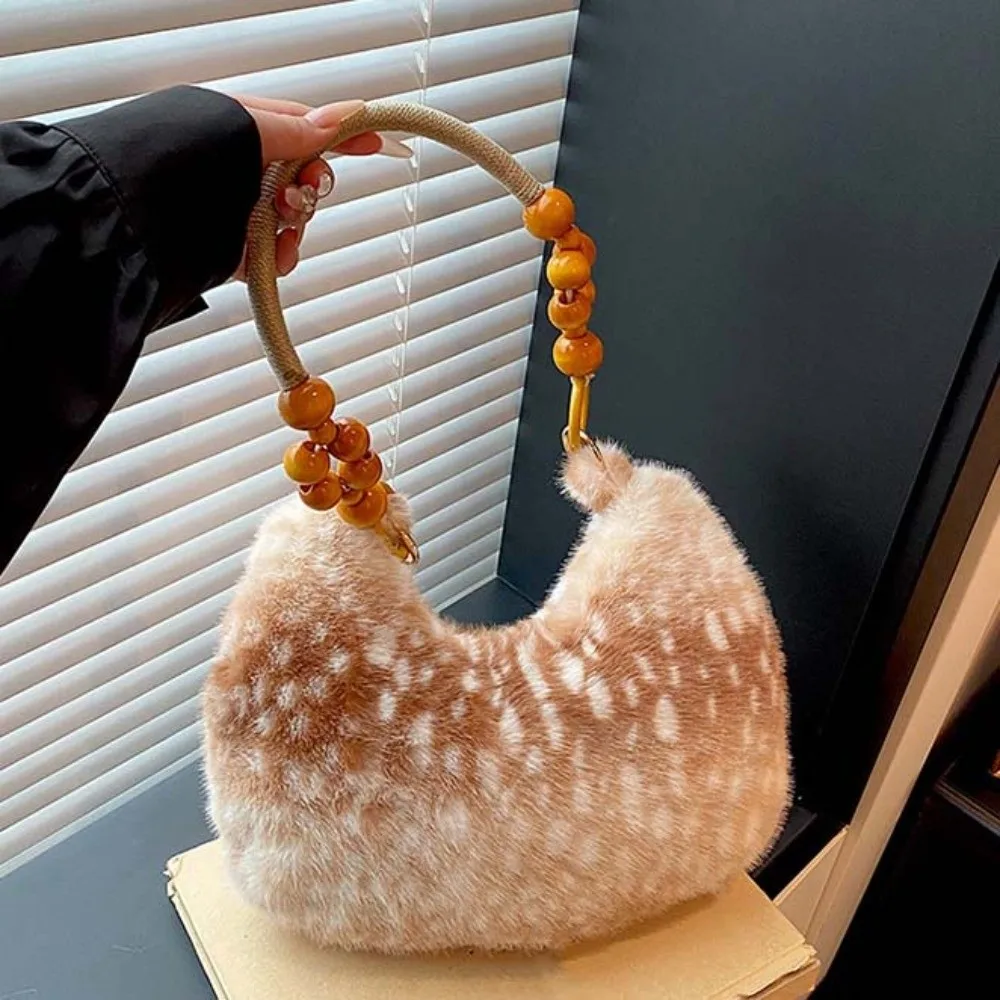 Underarm Bag Deer Print Crescent Bag Wooden Beads Soft Handbag Zipper Closure Trendy Design Faux Fur Tote Shopping