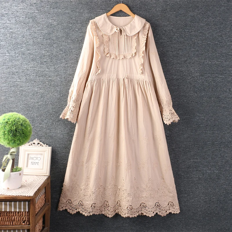 Vintage Embroidered Patchwork Dresses Women Autumn Japanese Mori Girl Sweet Peter Pan Neck Long Sleeve Hollow Out Midi Dress