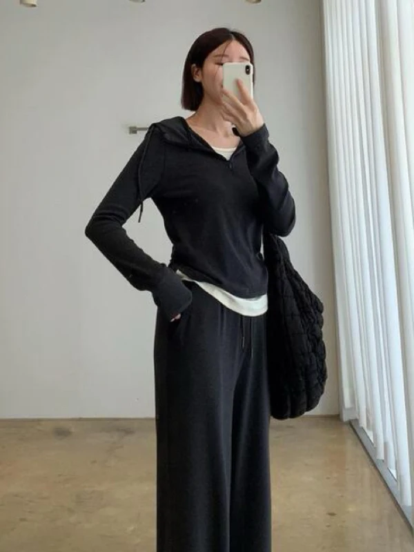 

Korean Sle Casual Loose Wide Leg Pants Set Women's Faion Two Piece Set Dstring Drapey Top Bot Matching Outfit