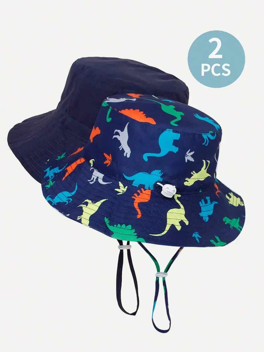 2pcs Adjustable Sun Protection Breathable Bucket Hat For Adults Blue With Dinosaur Print