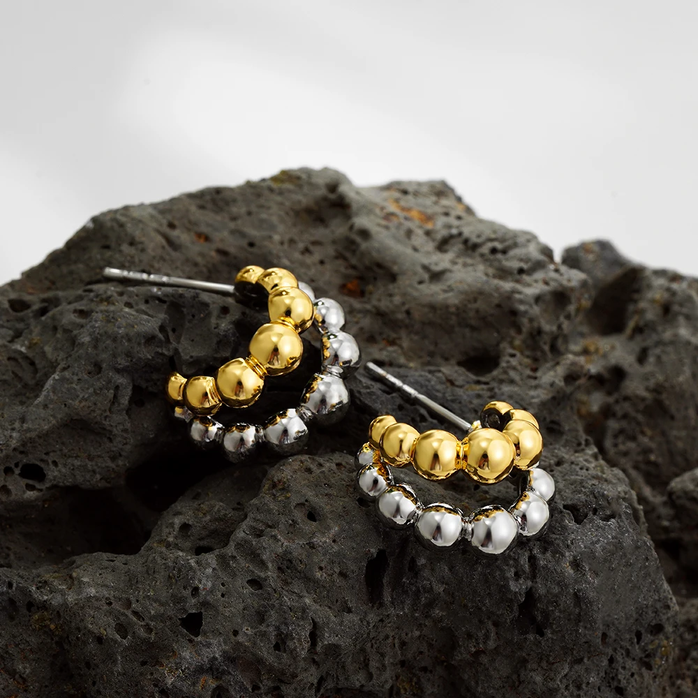 Punk Double Layer Small Beads Ball C Shape Hollow Stud Earrings for Women Stainless Steel Personalized Fashion Jewelry