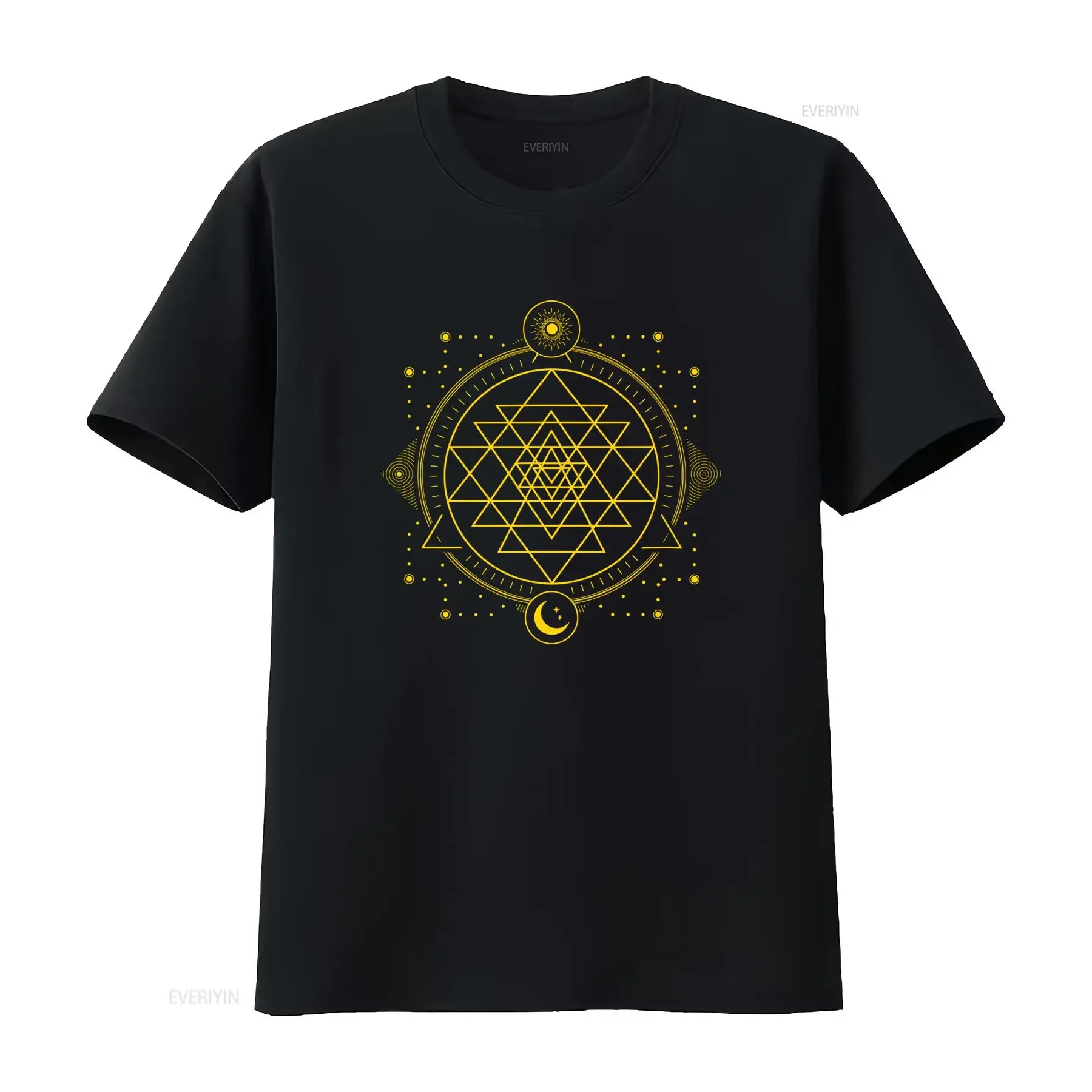 Mystic Sacred Geometry Sri Yantra Sun Moon Print Casual Spiritual Boho T Shirt vintage Washed fashion Comfortable Breathable