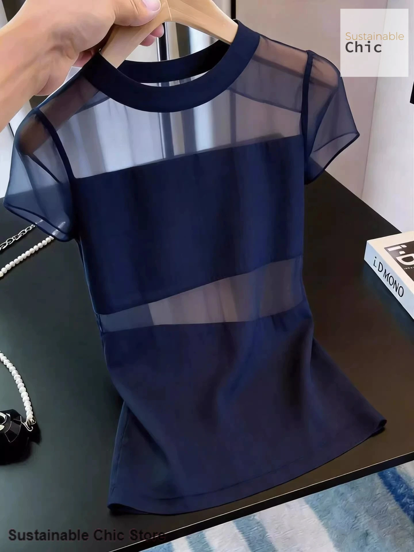 French-style advanced design sense gauze stitching short-sleeved T-shirt female summer commuter Joker skirt fashion casual top.