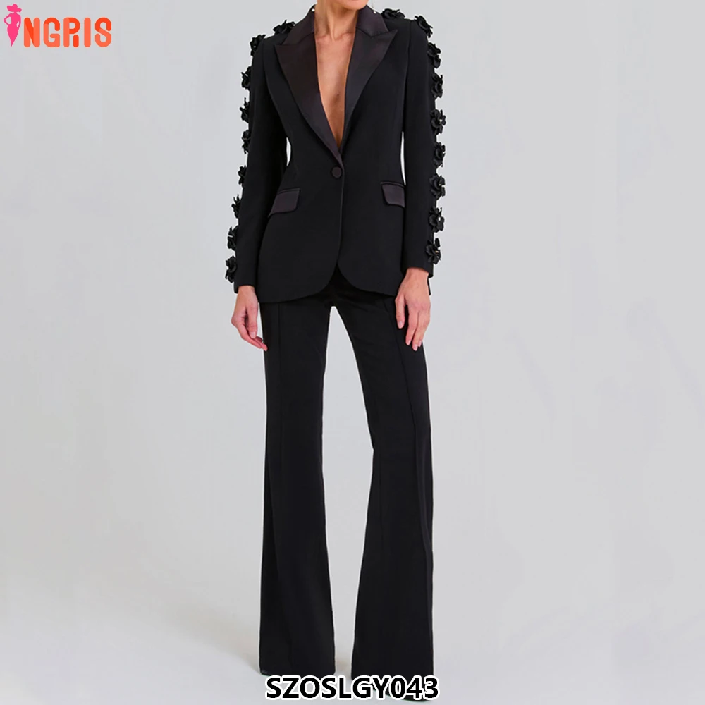 

Fashion luxury 2025 v-neck 3D flower black women's jacket-SZOSLGY043