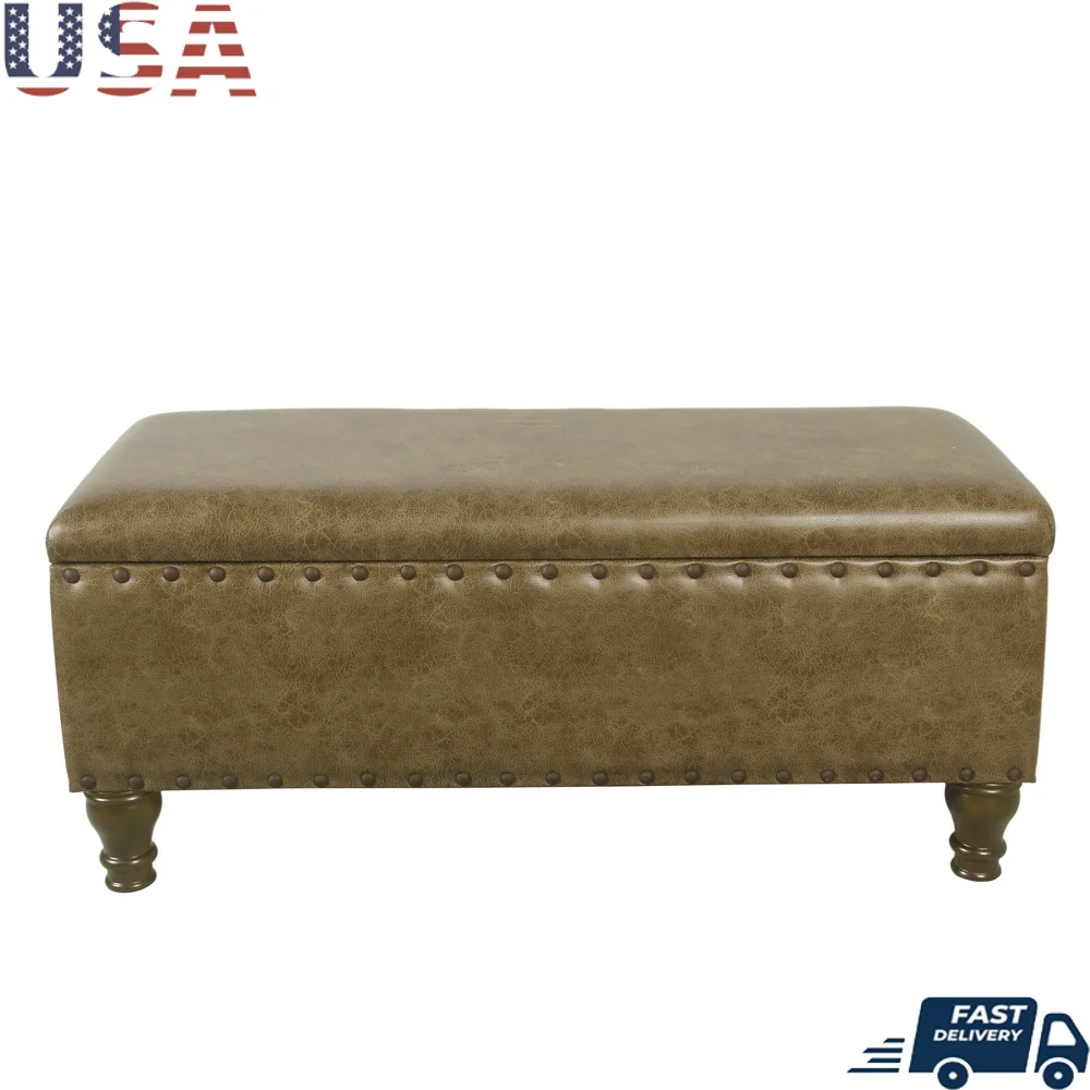 

Large Storage Bench with Nailhead Trim Faux Leather Upholstery Flip Top Storage Compartment Wooden Legs Indoor Furniture Accent