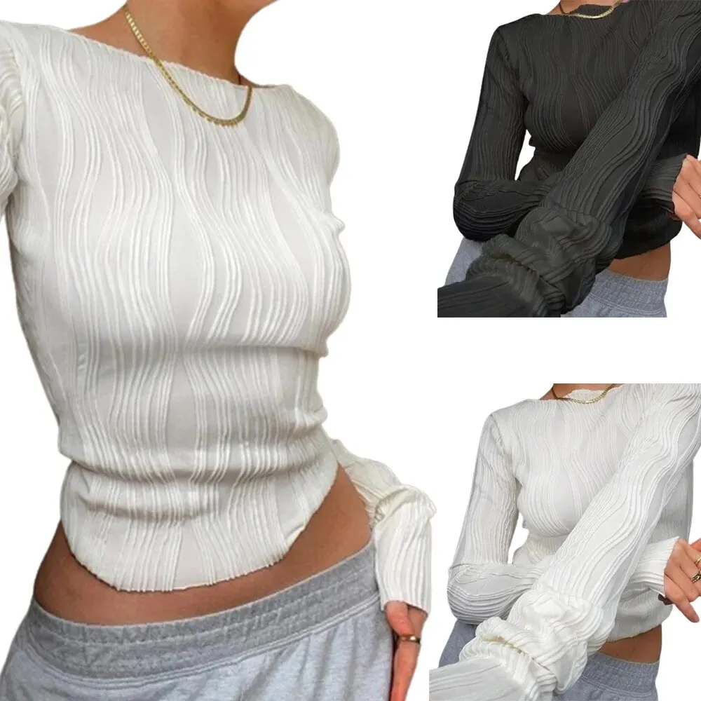 Trendy Bodycon Blouse Lightweight Women Blouse Long Sleeve Simple Ruched Women Short Blouse Stretchy Retro Streetwear image 6