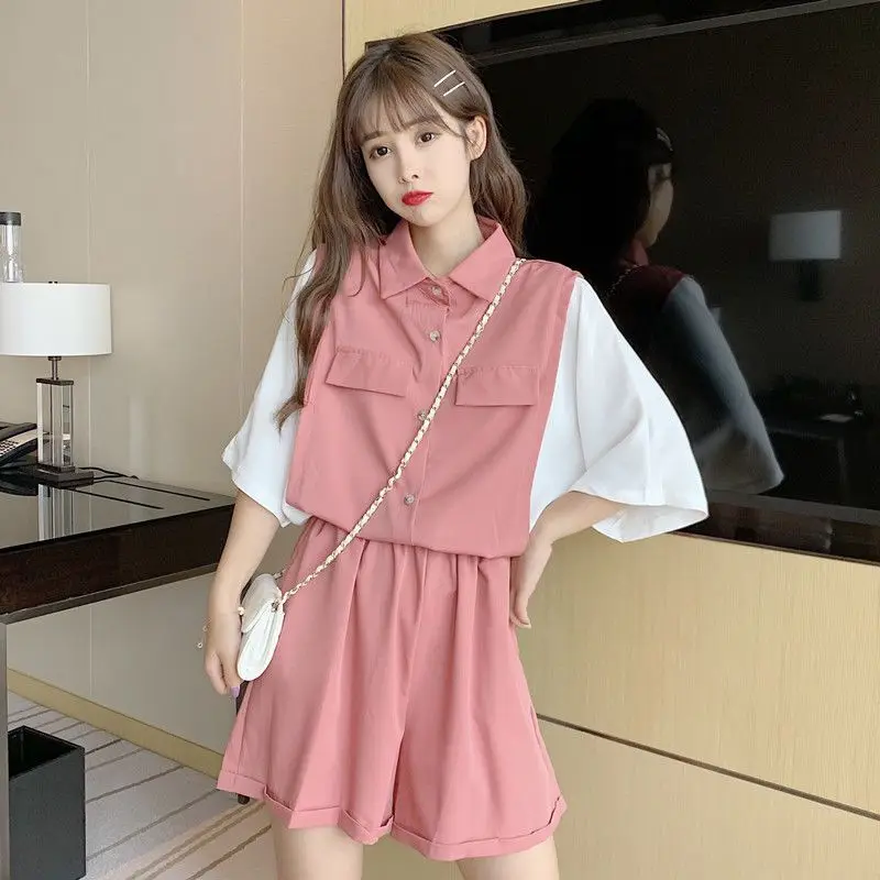 Korean Two Piece Set Sets Women Sweet Students Shorts Summer Patchwork Femininno Shirts Baggy All-Match Fashion Kawaii Ins