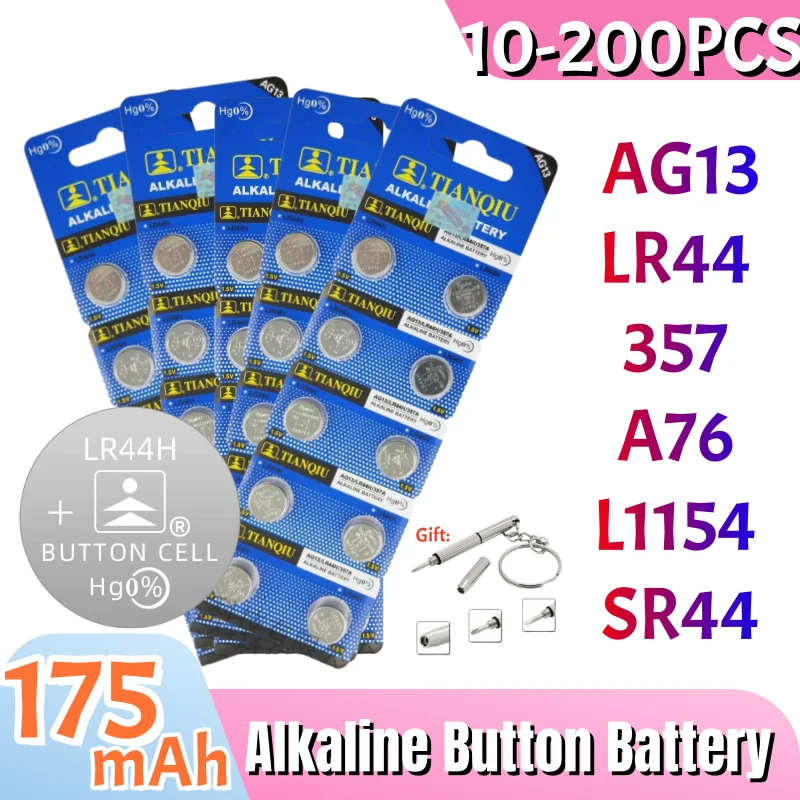 10-200 шт. AG13 LR44 A76 357A щелочная батарея типа «таблетка» 1,55 В SR44SW L1154 SP76 pila 357 303 для часов Toys No Mercury