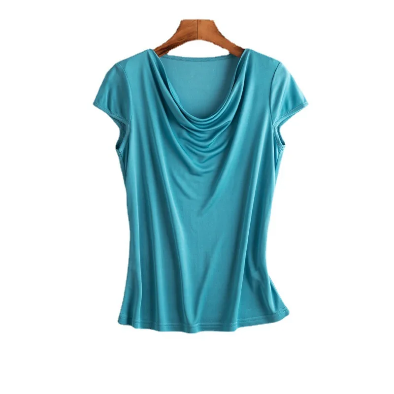 Birdtree 23%Mulberry Silk 77%Viscose Solid Tops Spring Summer Short Sleeve Swing Collar Women\'s Fashion New T-shirts T37811QC