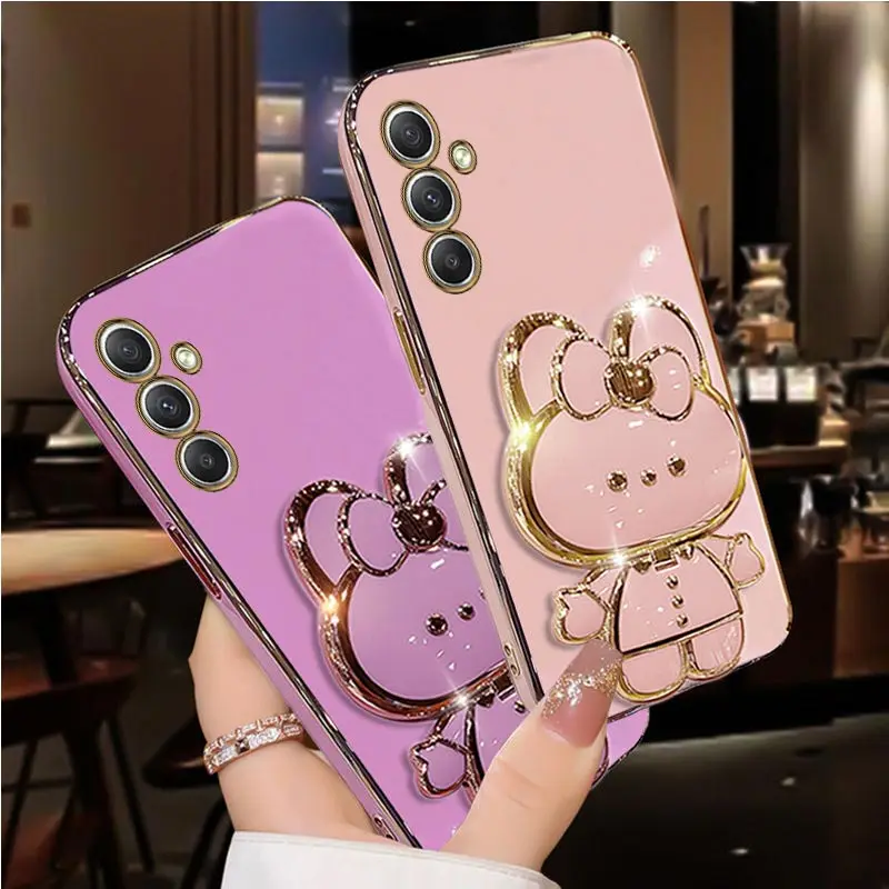A 34 Diamond Strap Mirror Rabbit Phone Holder Case For Samsung Galaxy A54 A55 A13 A14 A15 A23 A24 A25 A34 A35 4G 5G Stand Cover