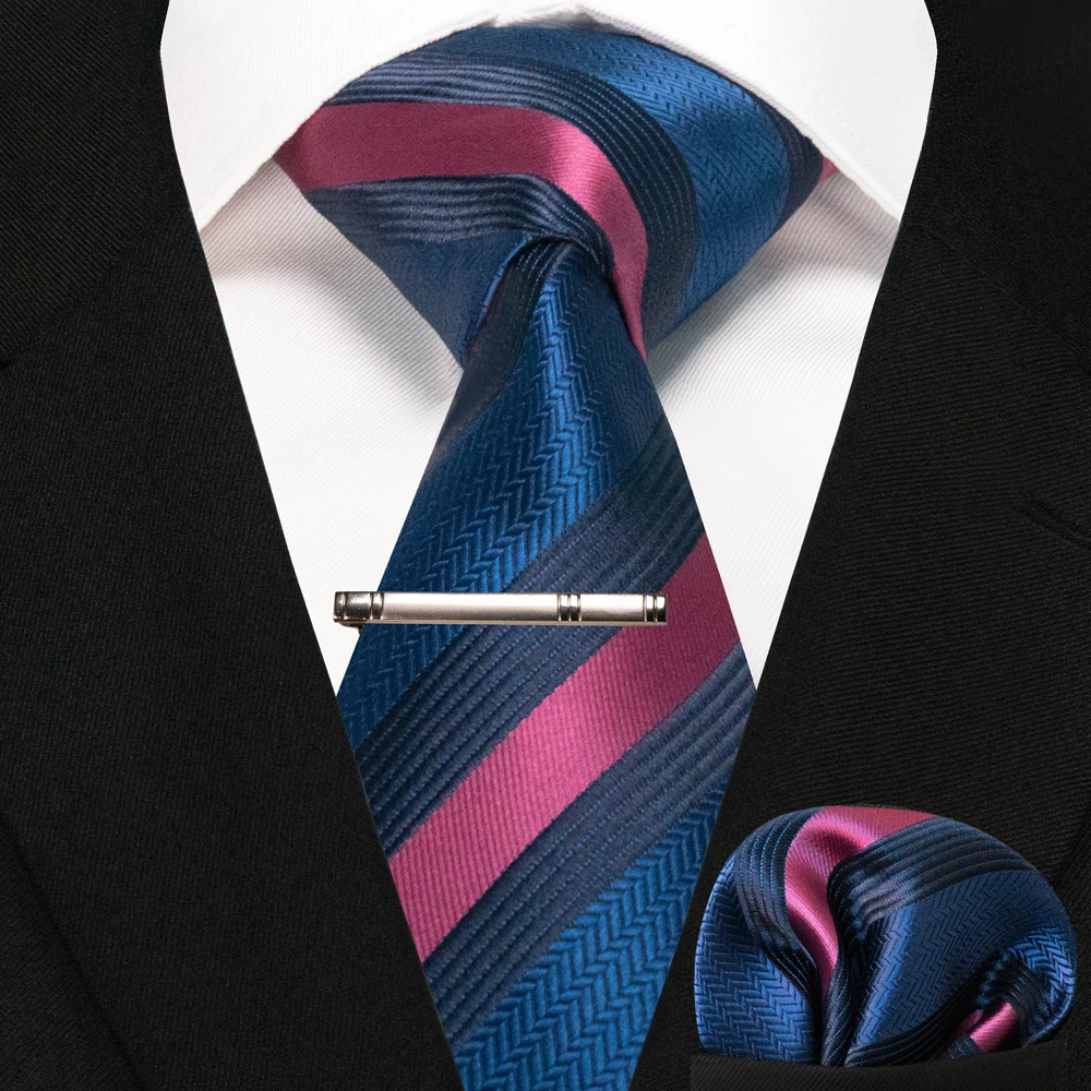 JEMYGINS Business-Krawatte für Herren, Seidenkrawatte in Marineblau, gestreifte Paisley-Krawatte, Einstecktuch, Krawattenklammern, Set für Hochzeit, Party, Geschenk – Detail 27