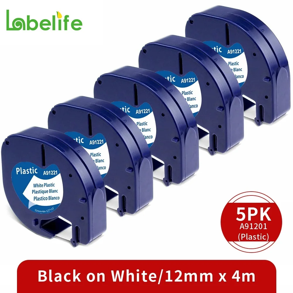 5Pack Plastic White for Dymo LetraTag Label Maker Tape Refills 91201 91331 91221 59422 Label Tape 12mm for LT-100H LT-100T Plus