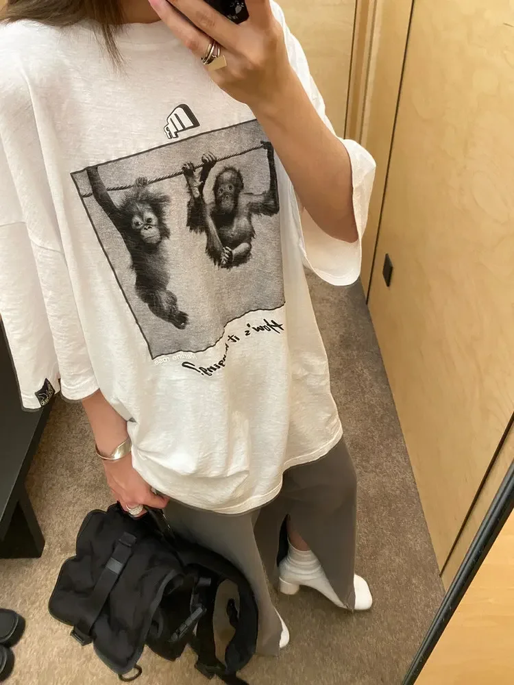 

Футболка Marti с круглым вырезом и мультяшным принтом: розовый кролик, медведь, орангутанг, забавная повседневная футболка с короткими рукавами