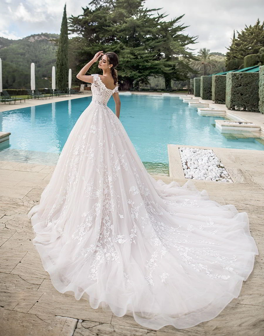 Vestidos De Novia De encaje con cuello en V sin hombros, línea A, apliques De tul con cuentas, Vestidos De Novia De playa De verano