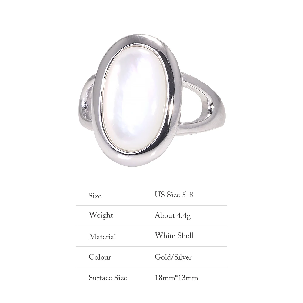 TZgrams 925 Sterling Silver White Shell Oval Finger Rings for Women Opening Type Girl Fashion Birthday Party Gift