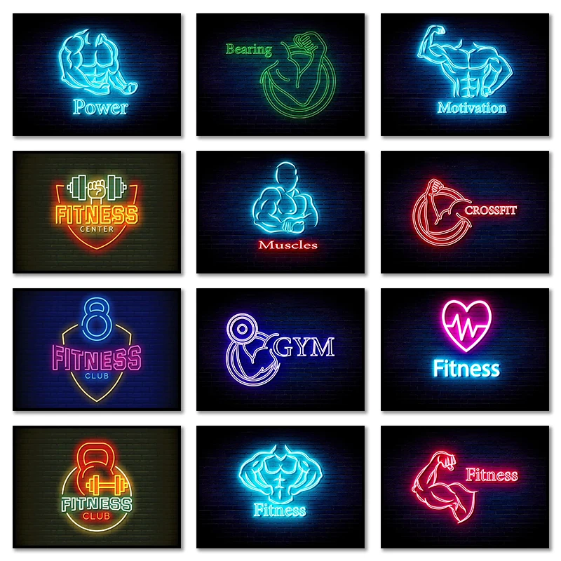 Neon Effect Motivational Bodybuilding Poster Exercise Body Fitness Center Wall Art Canvas Painting Gym Room Home Decor No LED