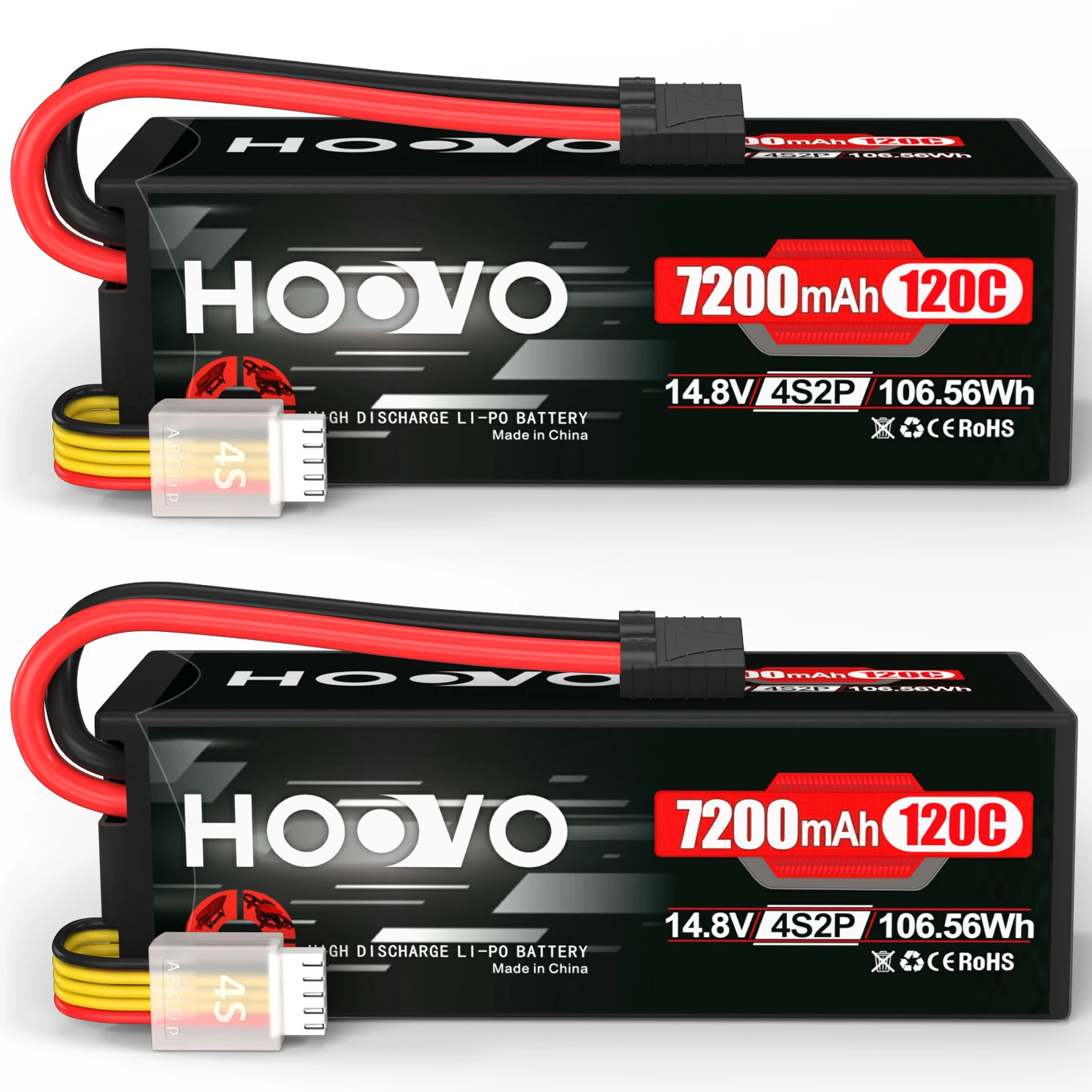 HOOVO 2Pcs 4S Lipo Battery 14.8V 120C 7200mAh RC Car Battery Hard Case with TR Plug for 1/8 1/10 RC Buggy 4X4 Crawler Monster