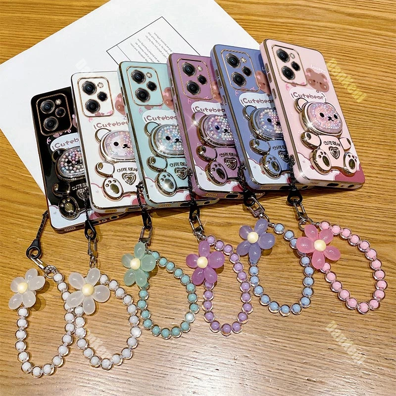 X5Pro Lucky Bear Holder Bracelet Plating Phone Case For Xiaomi POCO X5 X5Pro X4Pro X4GT X3 X3Pro X3NFC M4 M3 C65 C55 C40 Cover