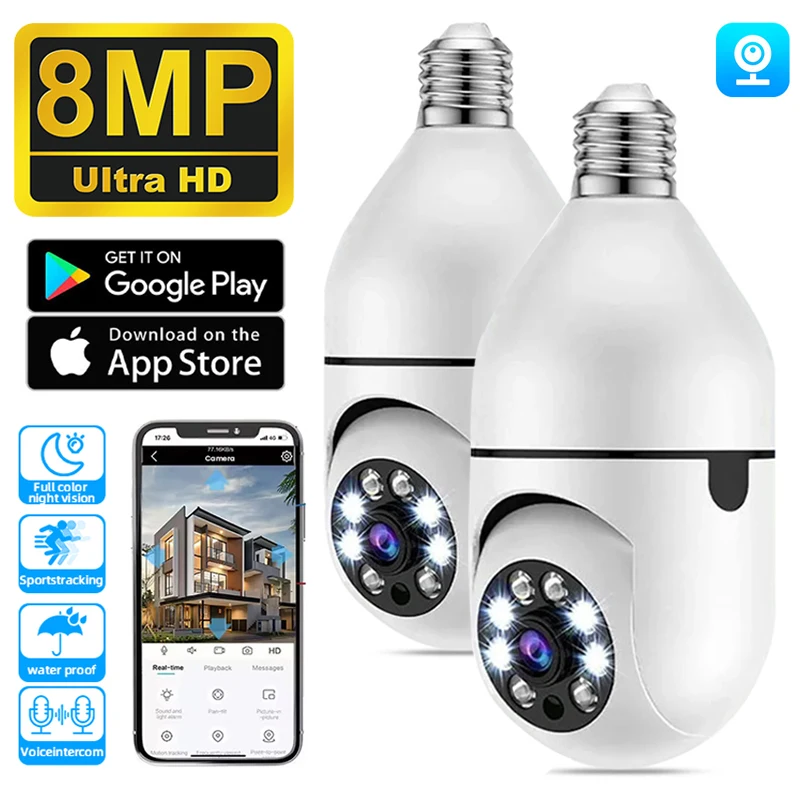 8MP E27 Bulb Wifi Surveillance Camera HD Automatic Human Tracking Full Color Video Night Vision Security IP Camera Wireless CCTV