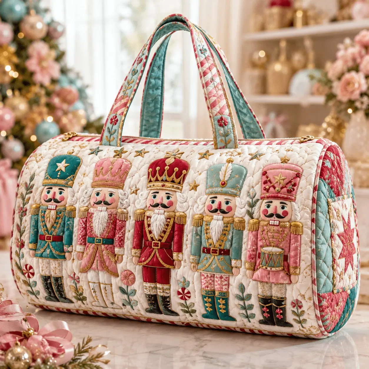 1PC, Christmas Nutcracker Pink Holiday Pattern, Quilted Printed Cylinder Travel Bag, Women's Large Capacity Lightweight Handbag