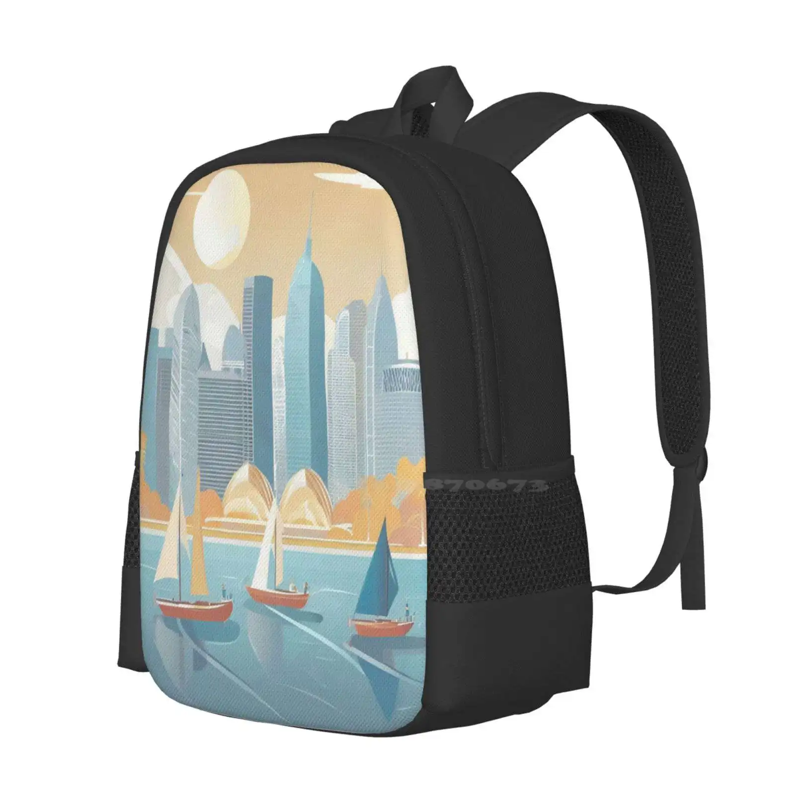 Vintage Minimal Retro Travel Poster Stylized - Sailboats In Front Of The Sydney Skyline In Australia Hot Sale Schoolbag