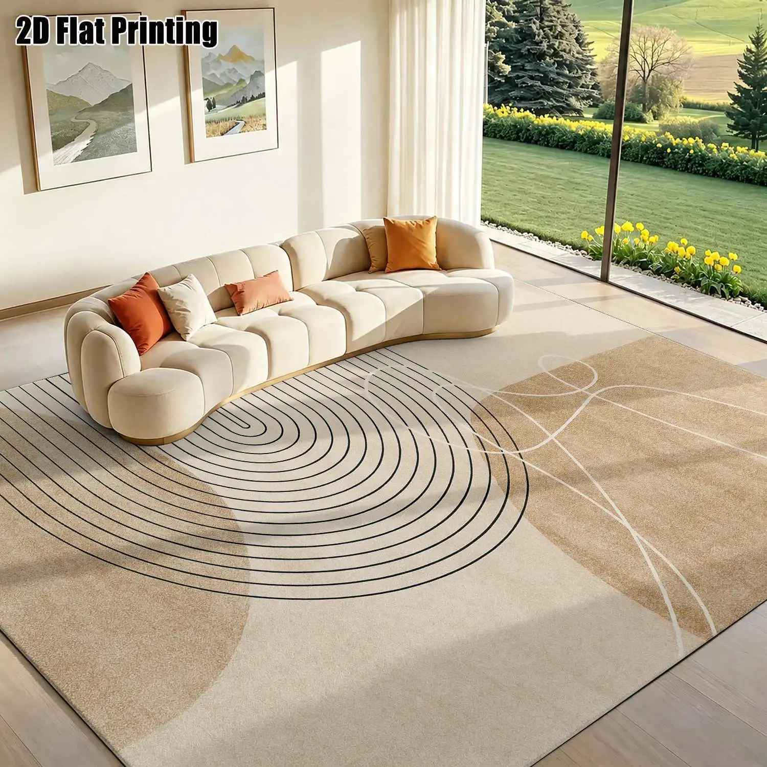 1Pc 2D Printed Beige Geometric Line Nordic-Style Carpet, Instagram-Inspired Modern Minimalist Vintage Floor Mat, Multi-Size Machine Washable Home Decor Rug for Entryway, Dining Room, Foyer, Bedroom, Living Room